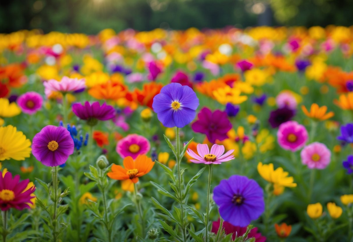 A field of vibrant flowers in full bloom, with a variety of colors and shapes creating a stunning display of natural beauty