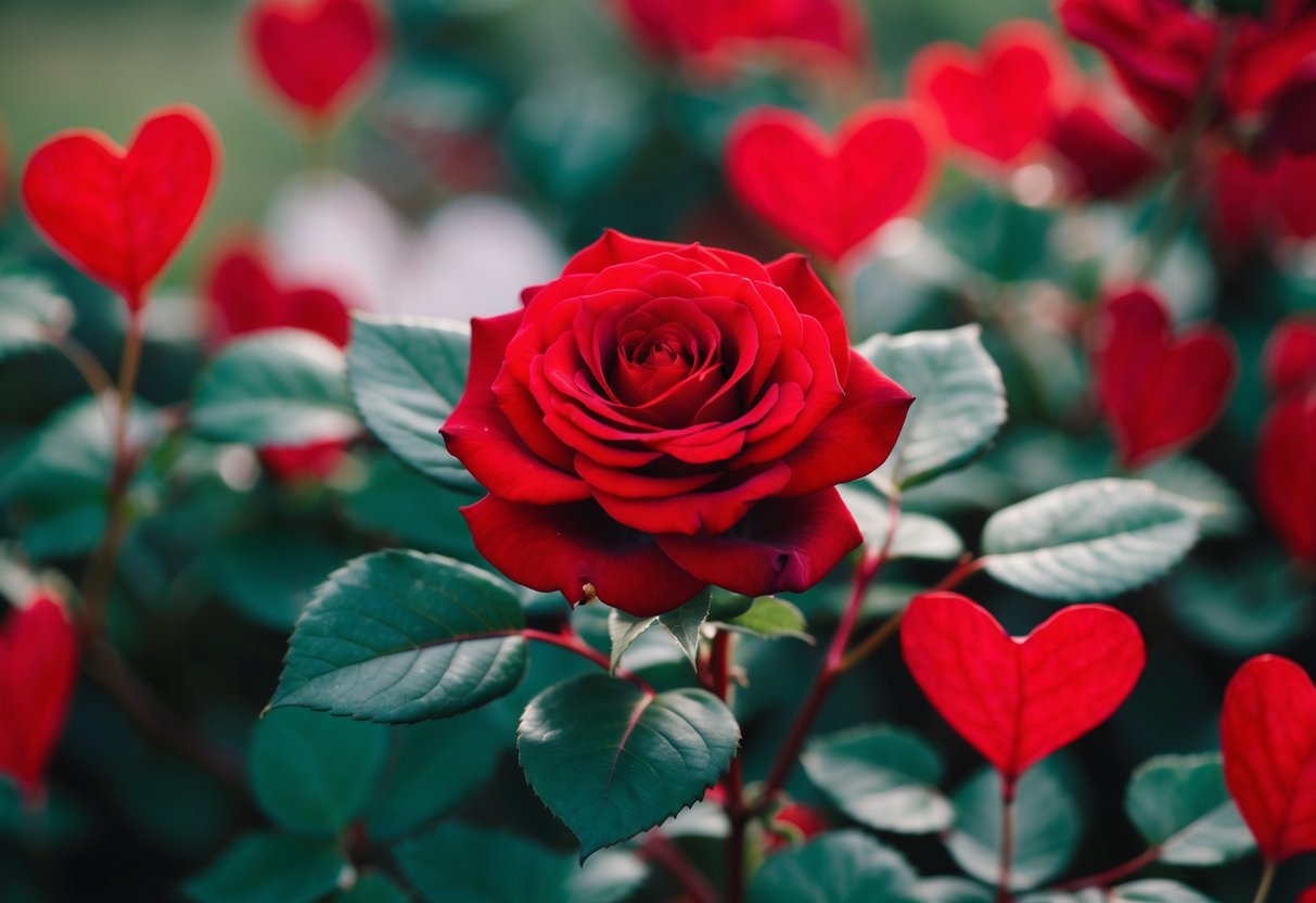 A blooming red rose surrounded by heart-shaped leaves