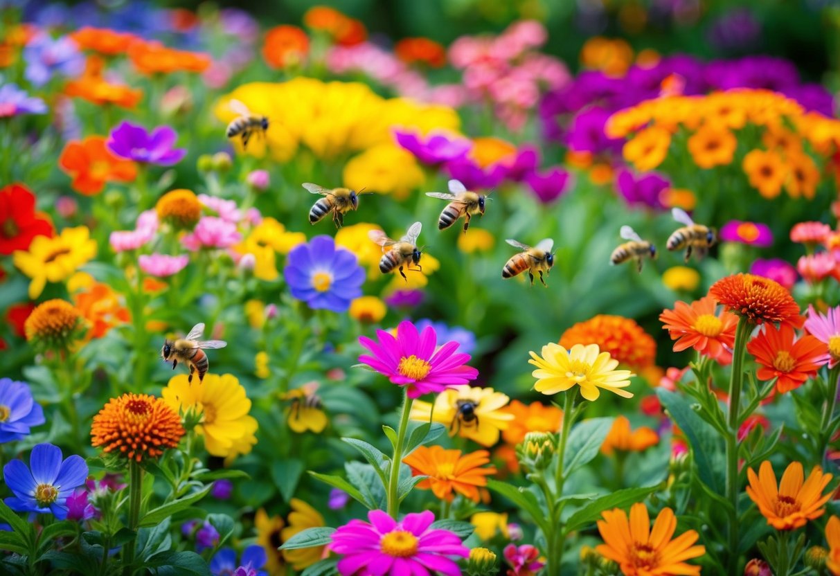 A vibrant garden bursting with colorful blooms, each flower more beautiful than the last. Bees buzz around, drawn to the sweet scent of nectar