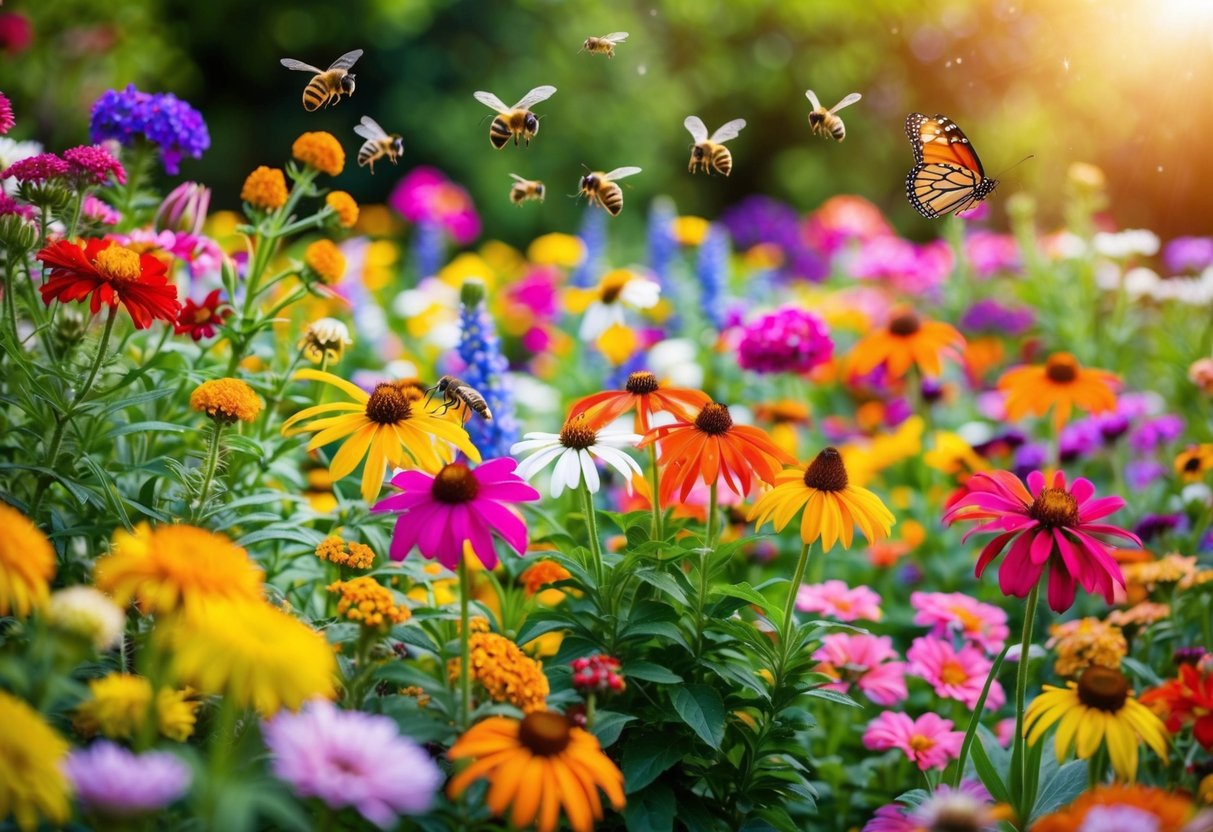 A vibrant garden bursting with colorful blooms, buzzing with bees and fluttering with butterflies. A variety of flowers compete for attention, each one more beautiful than the last