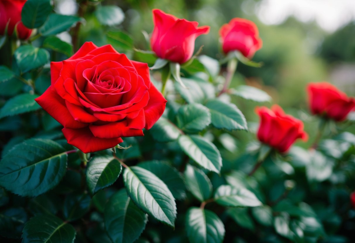 A bright red rose surrounded by lush green foliage, symbolizing affection in floral language