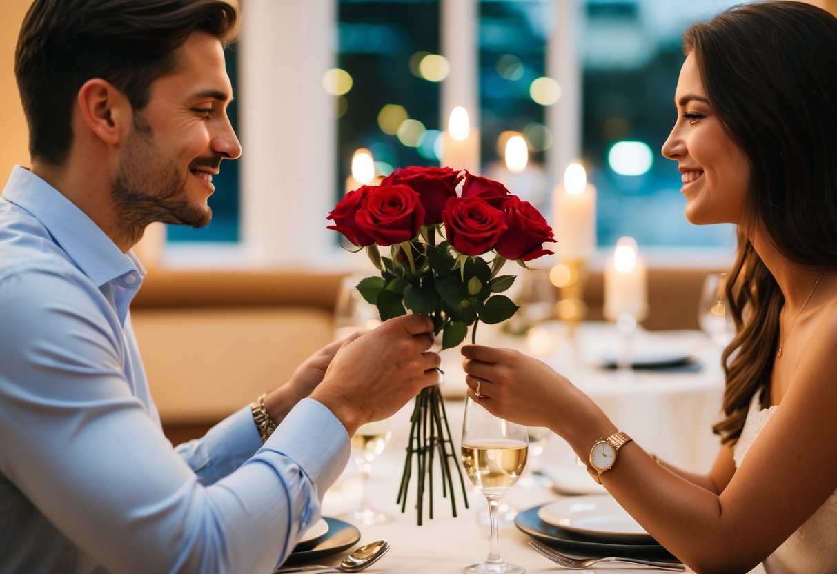 A couple exchanging roses, the symbol of affection, at a romantic dinner setting