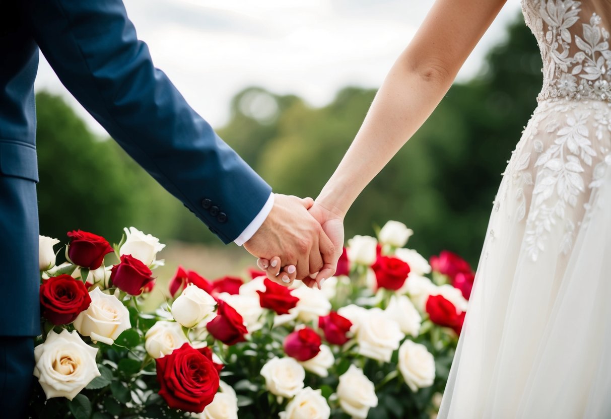 A bride and groom holding hands, surrounded by a mix of red and white roses