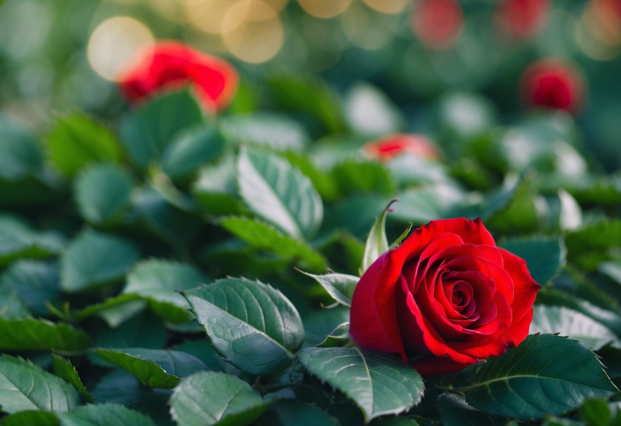 A single red rose nestled in a bed of green leaves, symbolizing eternal love