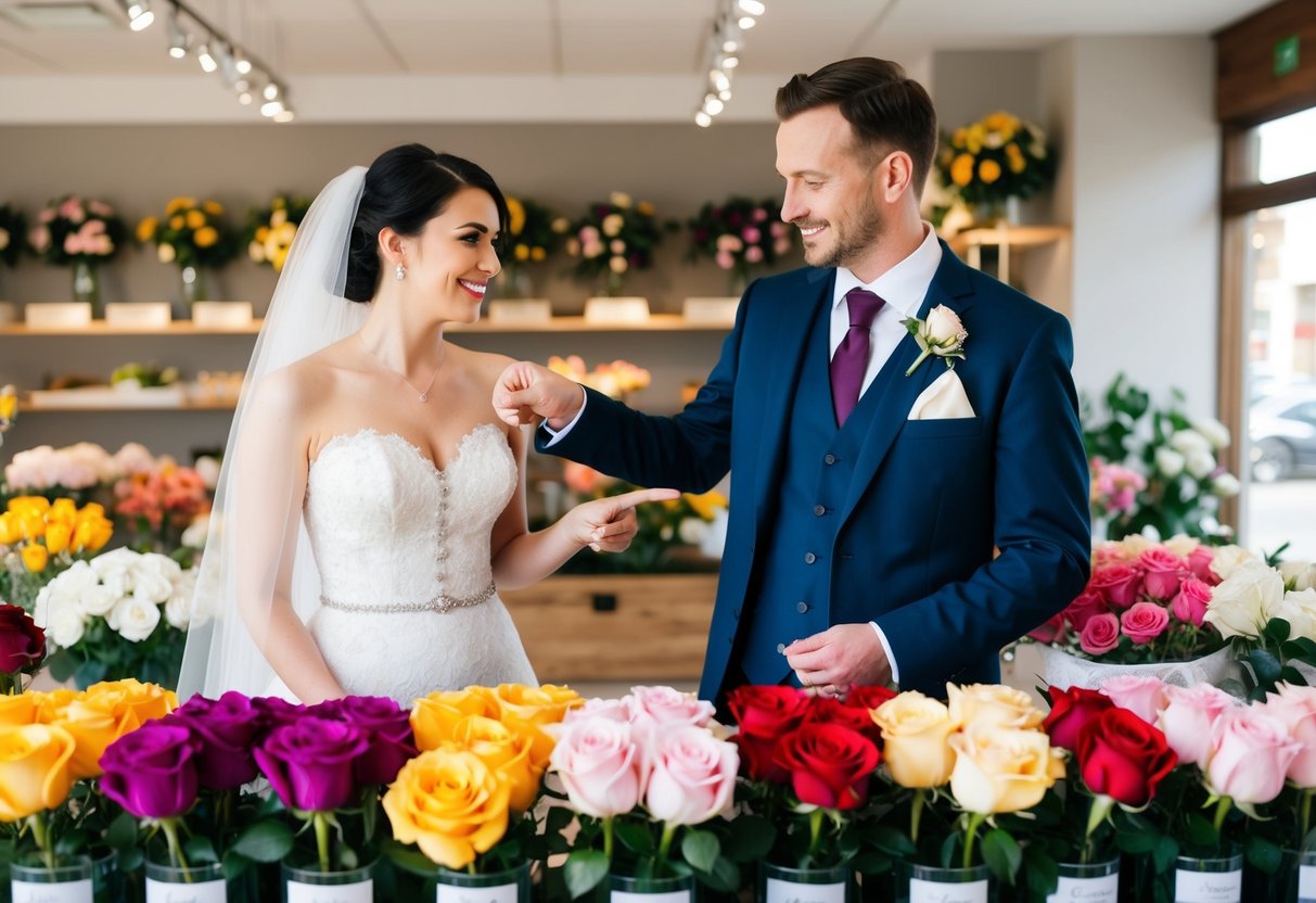 A bride and groom stand in a flower shop, pointing to different colored roses