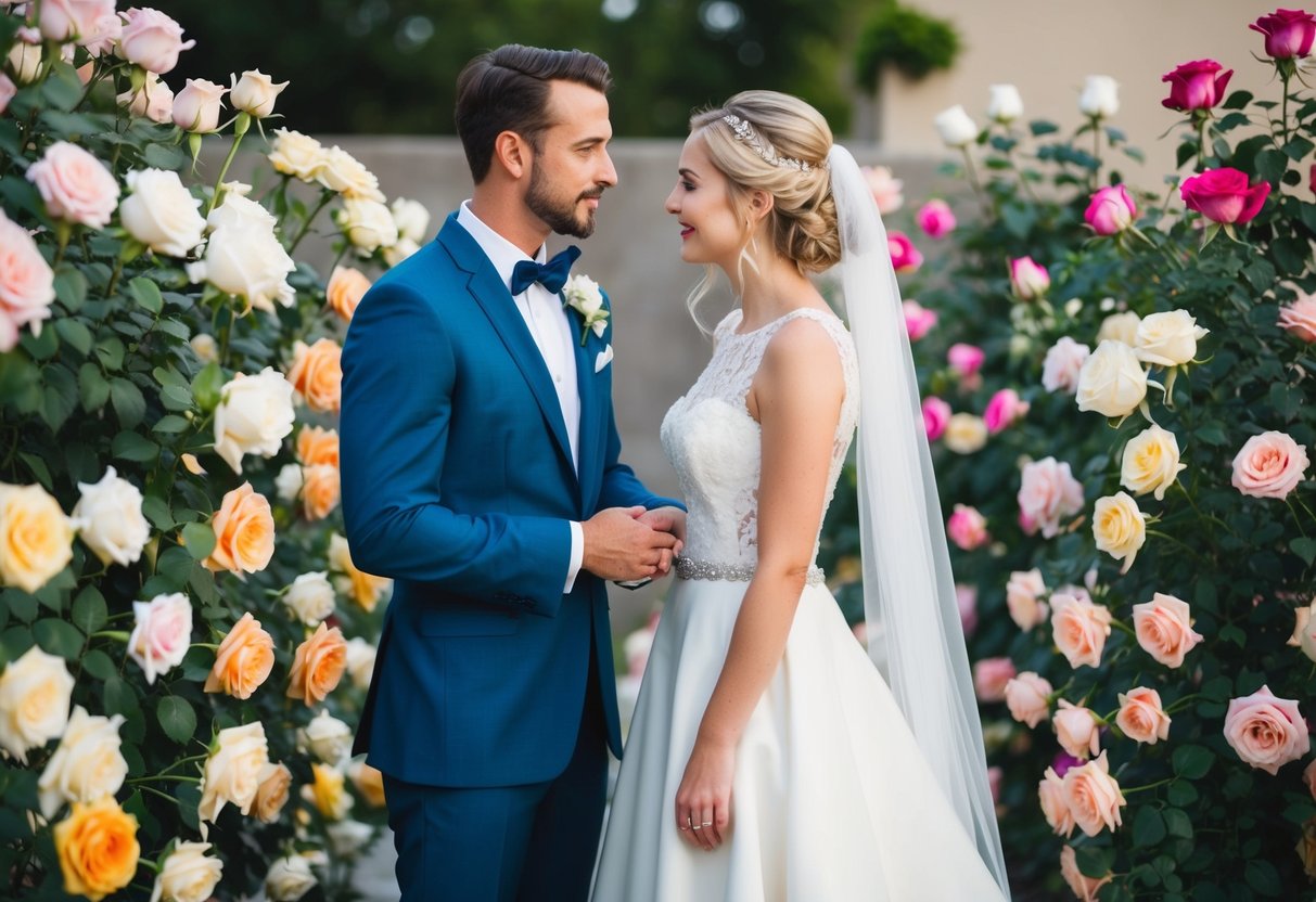 A bride and groom standing in front of a variety of roses, discussing which colors they want for their wedding ceremony