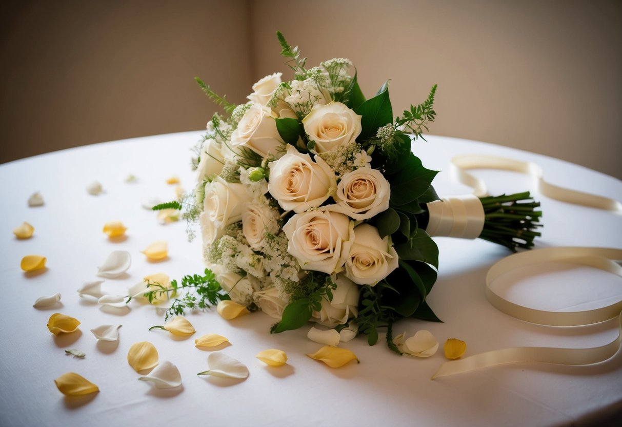 A bridal bouquet lies abandoned on a table, surrounded by scattered petals and ribbons