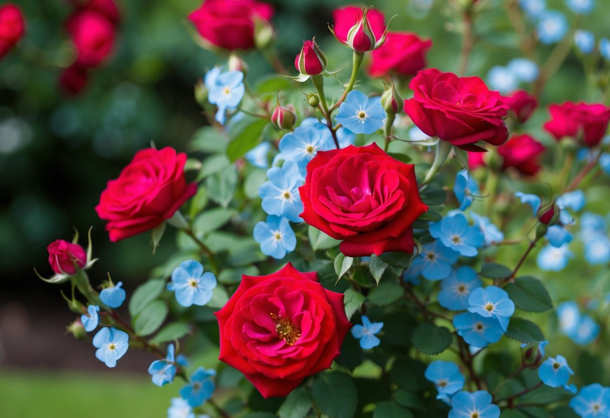 A garden with blooming red roses and intertwined forget-me-nots