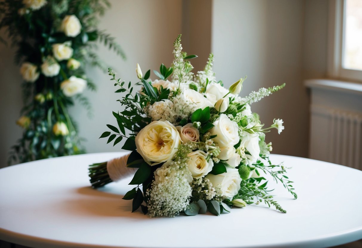 A bride's bouquet sits on a table, surrounded by delicate flowers and greenery, symbolizing love and new beginnings
