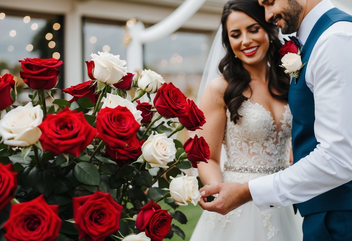 A bride and groom select red and white roses for their wedding decor