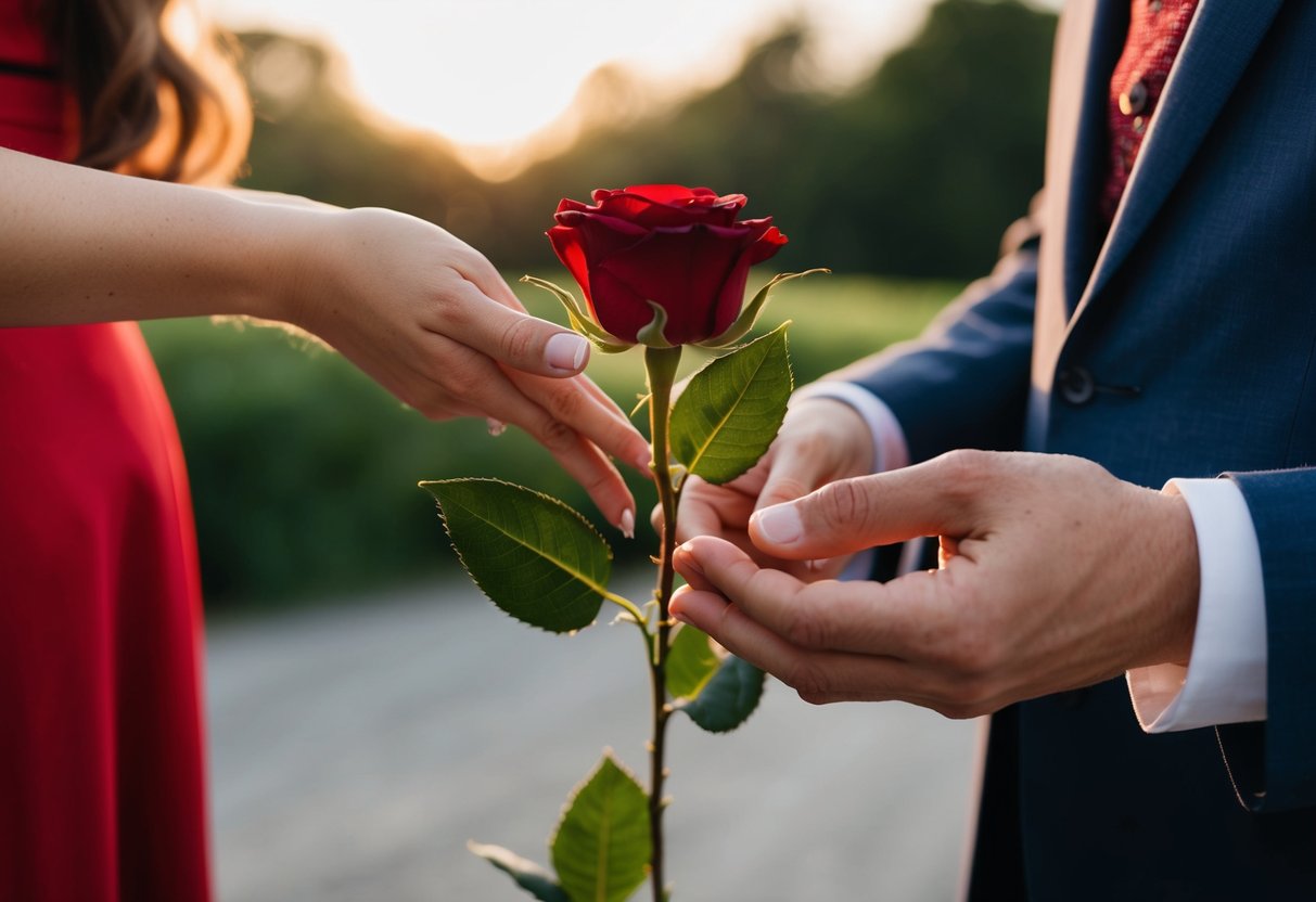 A red rose being exchanged between two people, symbolizing eternal love