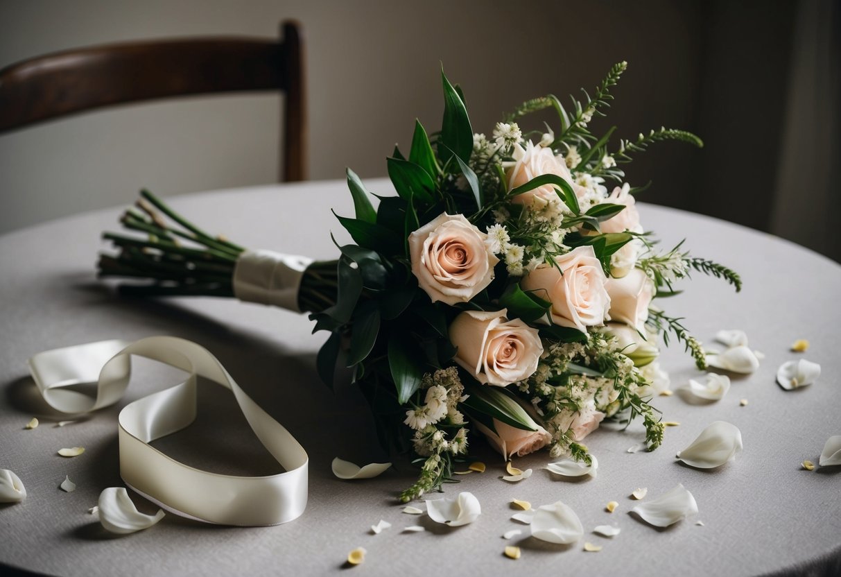 A bouquet rests on a table, surrounded by scattered petals and a discarded ribbon, as if abandoned mid-journey