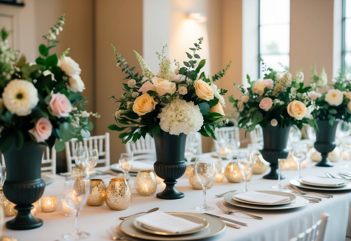 A table adorned with a mix of real and fake flowers, arranged in elegant vases, set for a wedding celebration