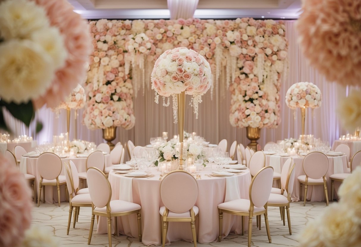 A soft, ethereal palette of pale pink, ivory, and gold decorates a lavish wedding reception