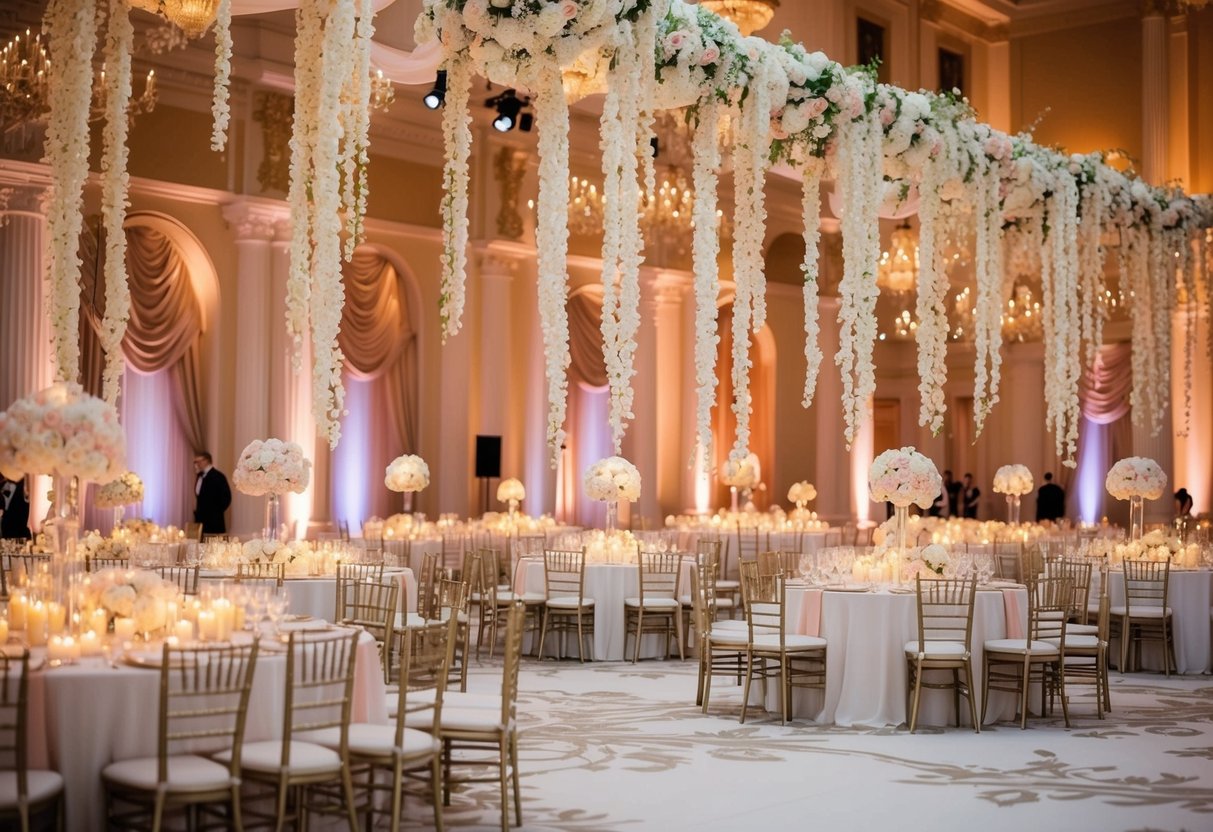 A grand ballroom adorned with cascading white and gold decor, illuminated by warm candlelight and soft, blush pink accents