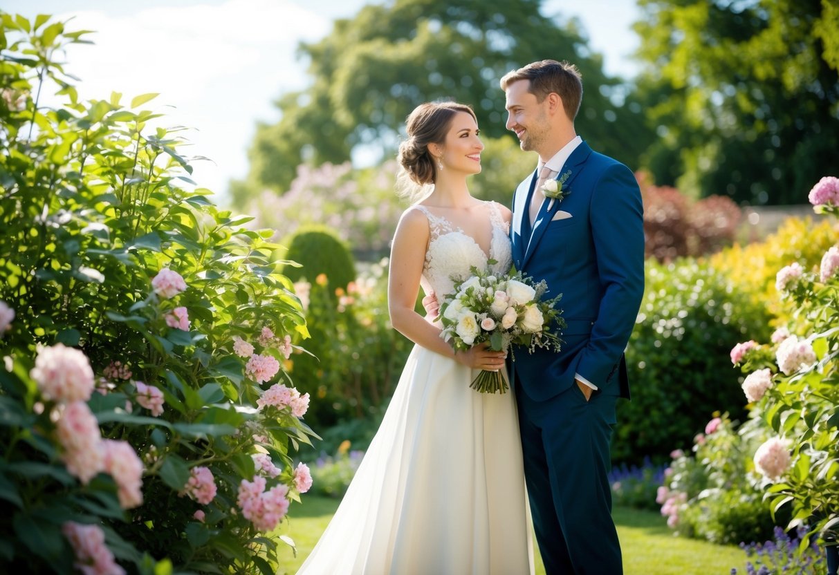 A bride and groom stand in a garden, surrounded by blooming flowers and foliage. The sun shines down on the scene, creating a warm and romantic atmosphere