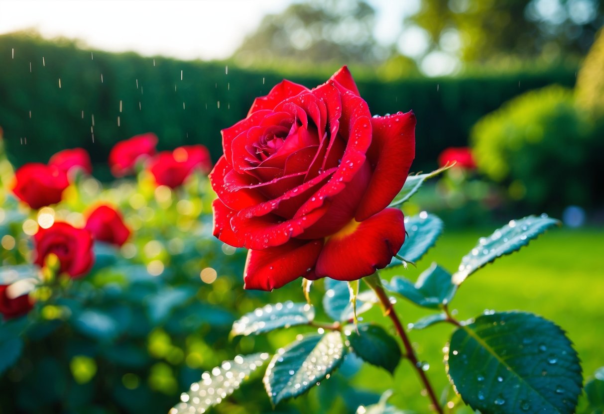 A vibrant red rose blooming in a lush garden, with dew drops glistening in the morning sun
