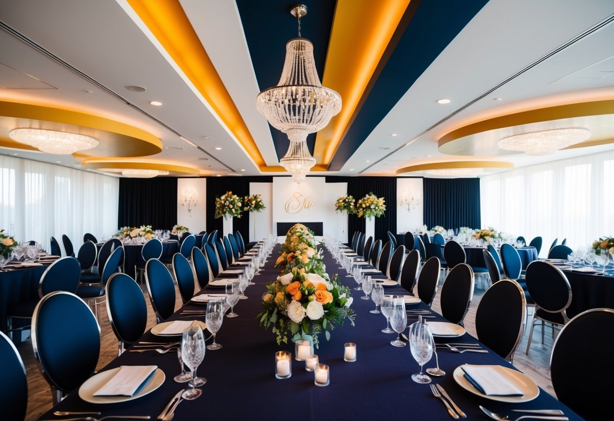 A sleek and modern wedding venue adorned with bold and unique colors, featuring elegant and sophisticated decor