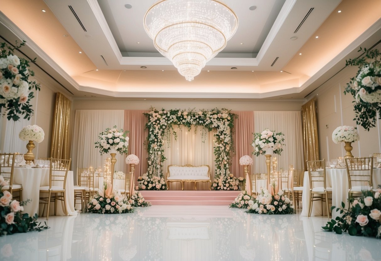 A grand ballroom decorated in shades of ivory, gold, and blush, with cascading floral arrangements and gilded accents throughout