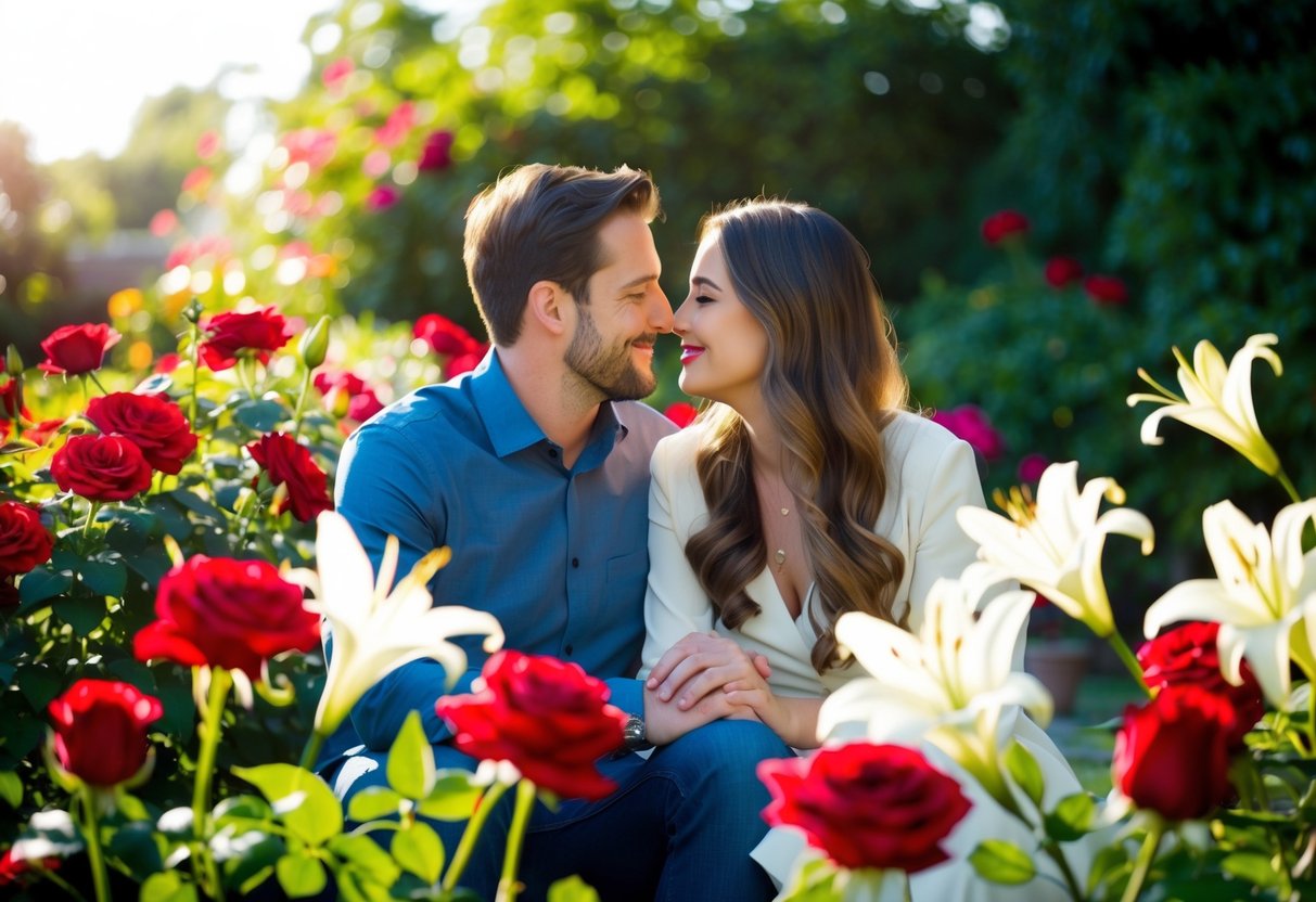 A couple sits in a sunlit garden, surrounded by vibrant red roses and delicate white lilies, their love reflected in the beauty of the flowers