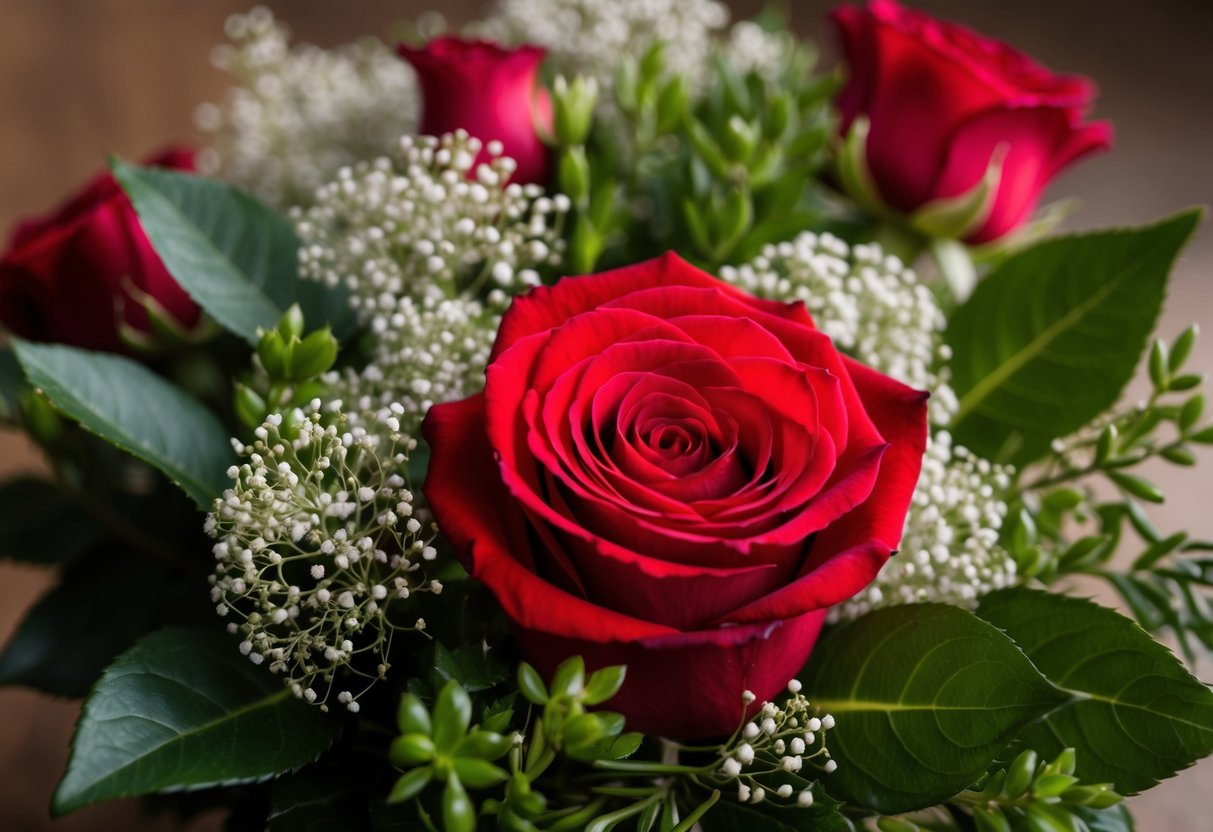 A vibrant red rose nestled among delicate baby's breath and lush greenery, symbolizing love and passion in a personal floral arrangement