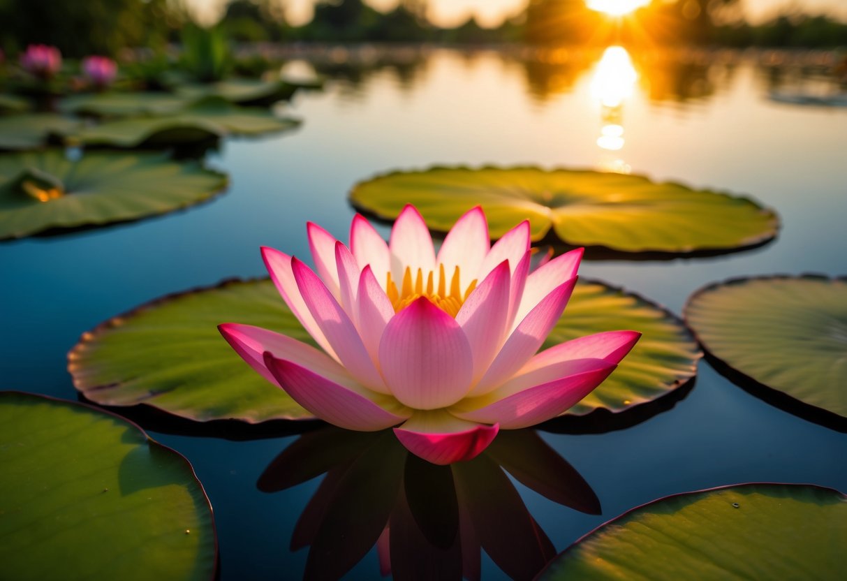 A vibrant, delicate lotus blooms atop a tranquil pond, surrounded by lush green lily pads and reflecting the golden light of the setting sun
