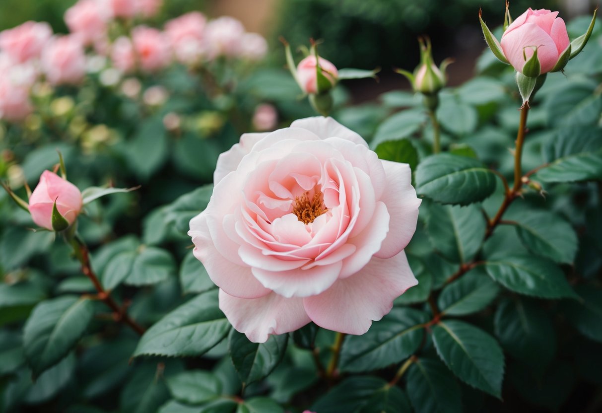 A soft pink rose blooming in a garden, surrounded by lush green foliage