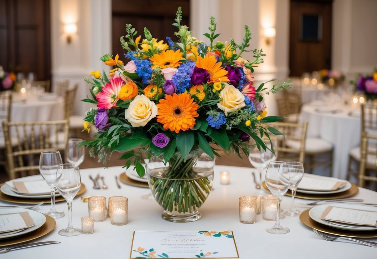 A bouquet of colorful flowers arranged in a glass vase, placed on a beautifully set table with elegant place settings and a wedding invitation