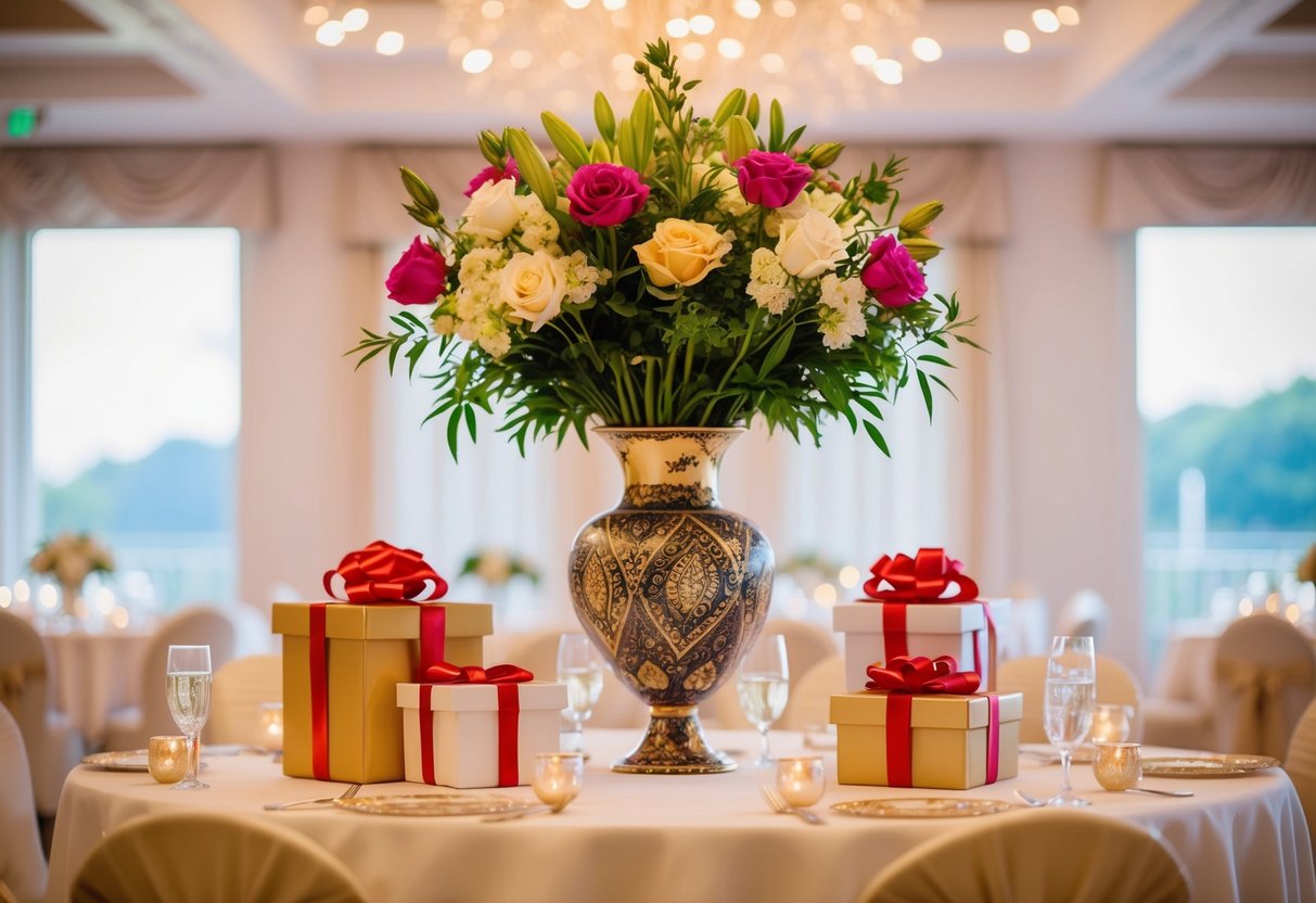 A bouquet of fresh flowers placed in a decorative vase on a beautifully set wedding gift table