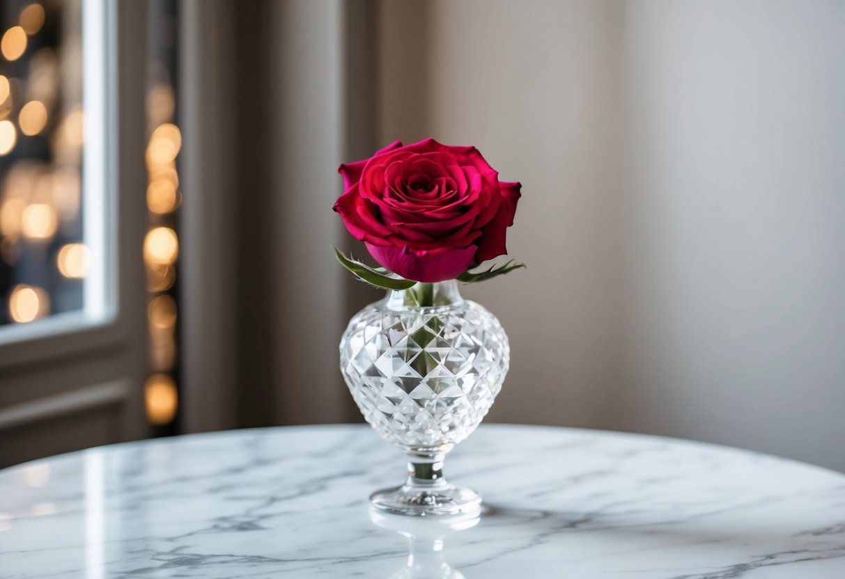 A single Juliet rose displayed in a crystal vase on a white marble table