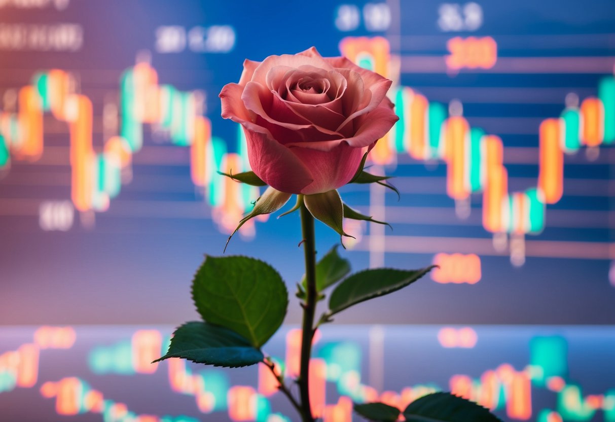 A single Juliet rose surrounded by currency symbols and fluctuating graphs