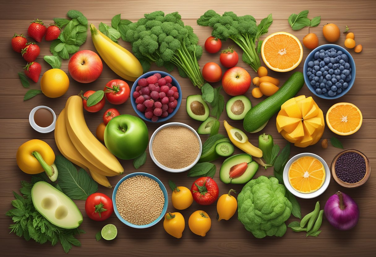 A colorful array of fresh fruits, vegetables, whole grains, and lean proteins arranged on a wooden table, surrounded by vibrant greenery