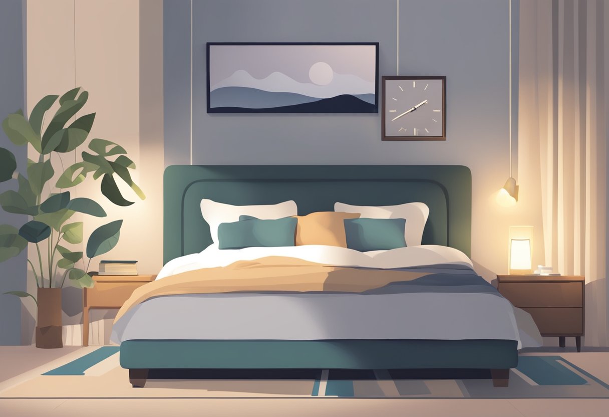 A serene bedroom with a cozy bed, soft pillows, and dim lighting. A clock on the nightstand shows a late hour, indicating the importance of rest for overall health and wellness