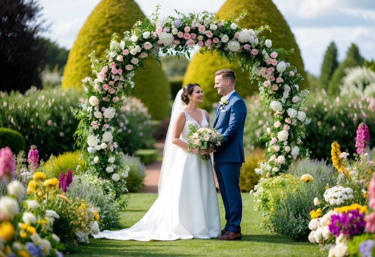 A bride and groom stand under a floral arch at their wedding, surrounded by a lush garden of blooming flowers in various colors and sizes