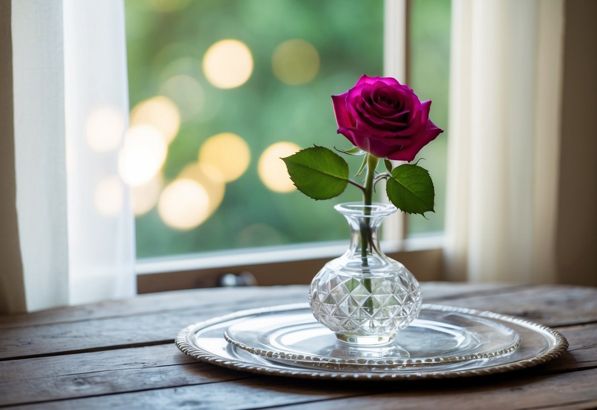 A single Juliet rose sits in a crystal vase on a rustic wooden table, bathed in soft natural light streaming through a nearby window