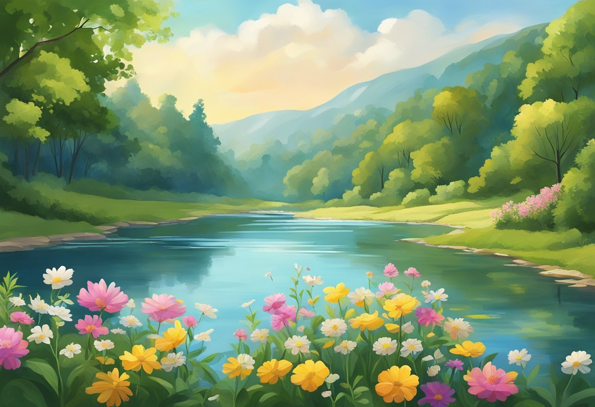 A serene landscape with a calm, flowing river, surrounded by lush greenery and colorful flowers, with a clear blue sky above