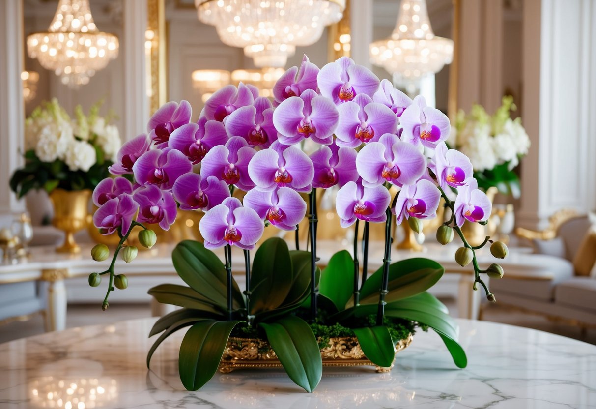 A lavish bouquet of rare orchids and peonies on a marble table. Sparkling chandeliers and opulent decor in the background
