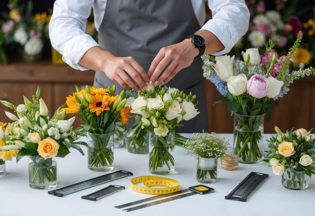 A florist arranging various types of flowers in different quantities for a wedding, surrounded by measuring tools and floral arrangements