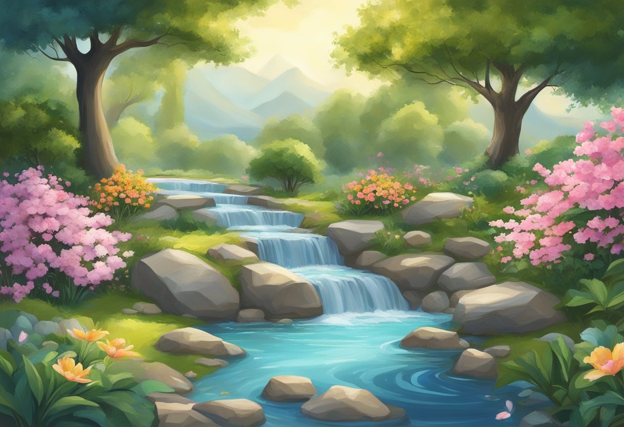 A serene garden with a blooming tree and a flowing stream, surrounded by symbols of prosperity and spirituality