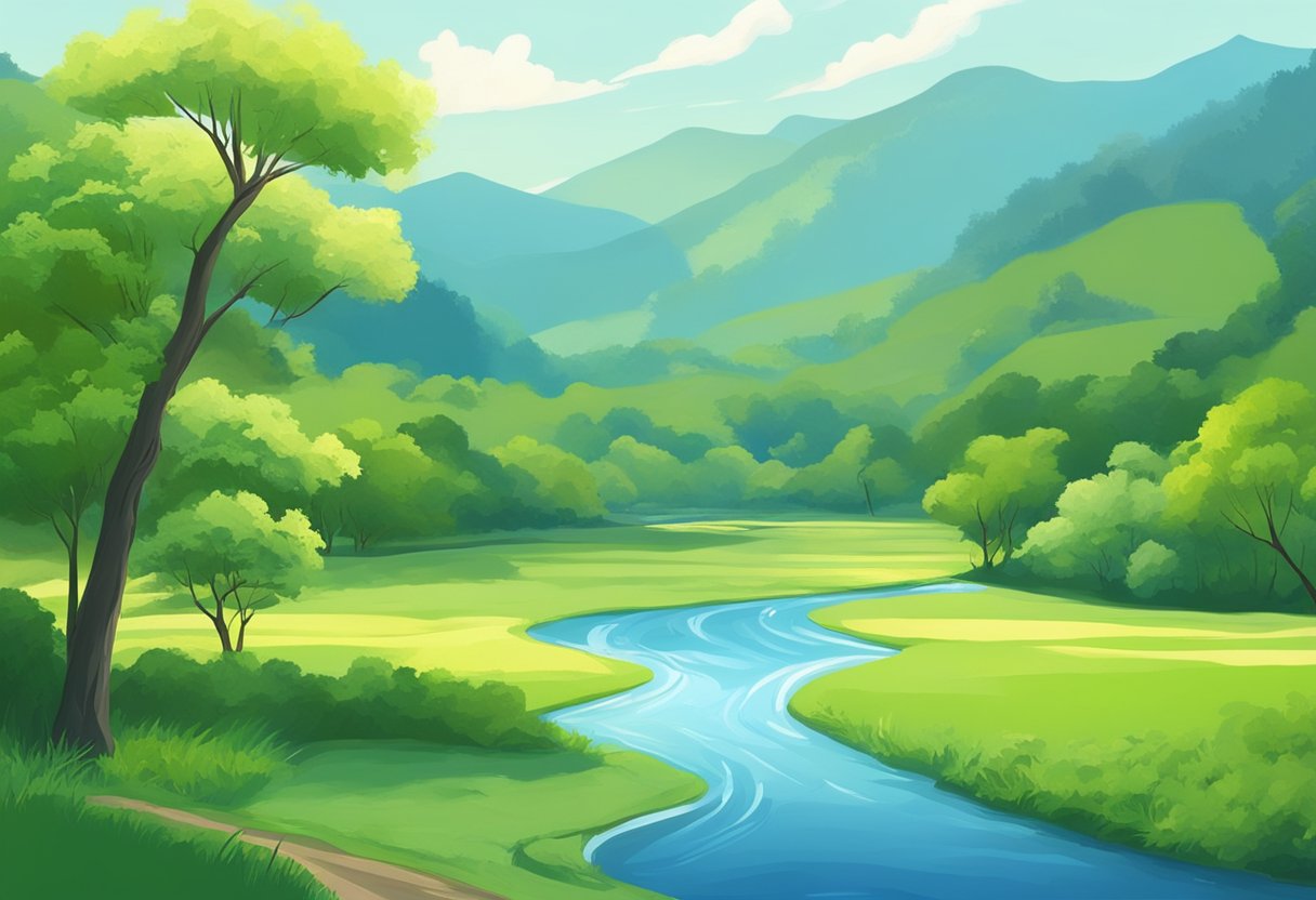 A serene landscape with a winding river, lush greenery, and a clear blue sky, evoking a sense of peace and tranquility