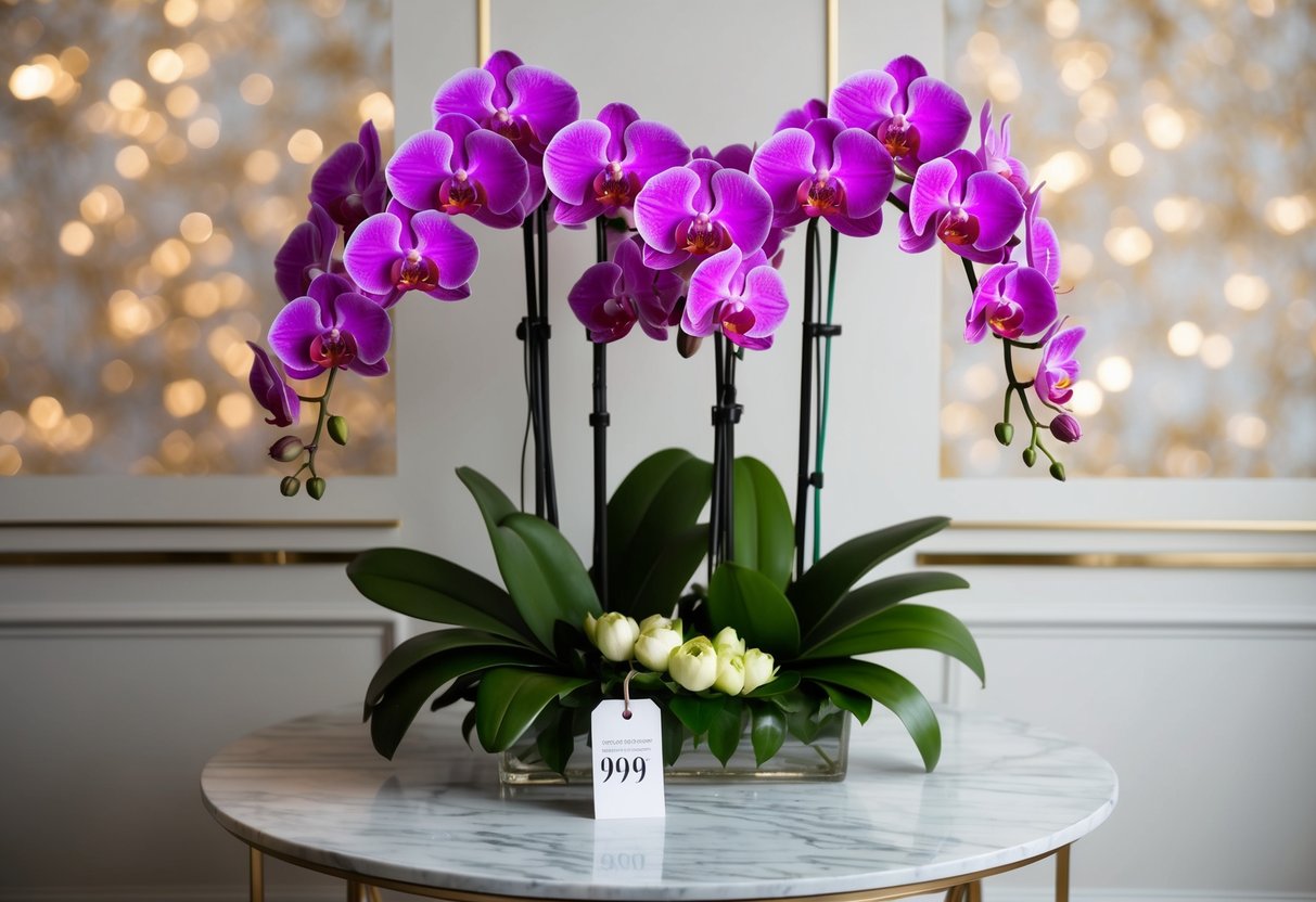 A lavish bouquet of rare orchids and peonies displayed on a marble table with a price tag