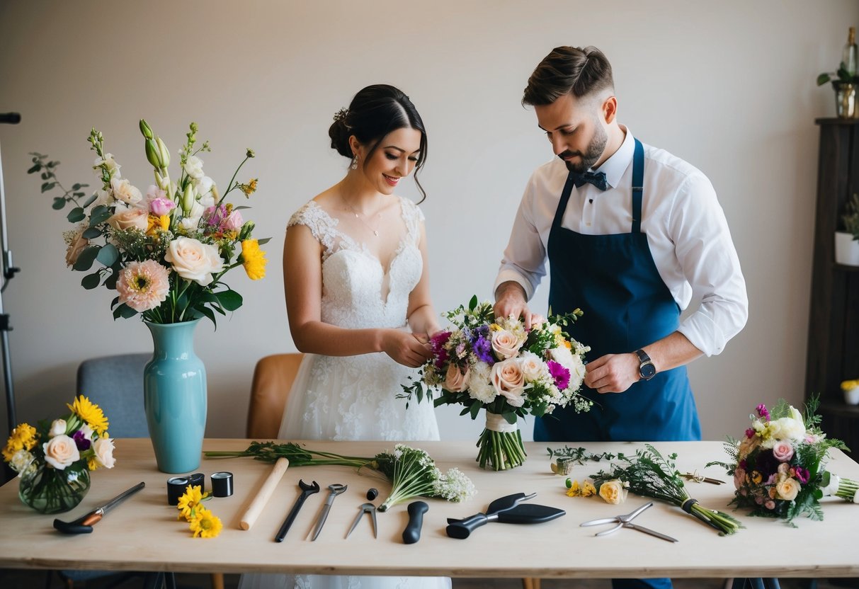 A table with various flowers, tools, and vases. A DIY bride arranging flowers next to a professional florist creating a wedding bouquet