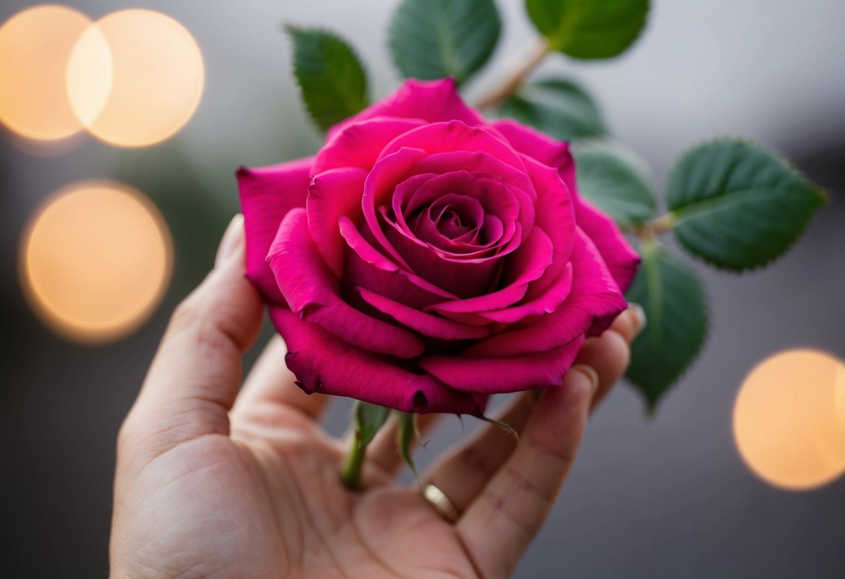 A rose held delicately in a hand, compared to a symbol of love and beauty by Juliet