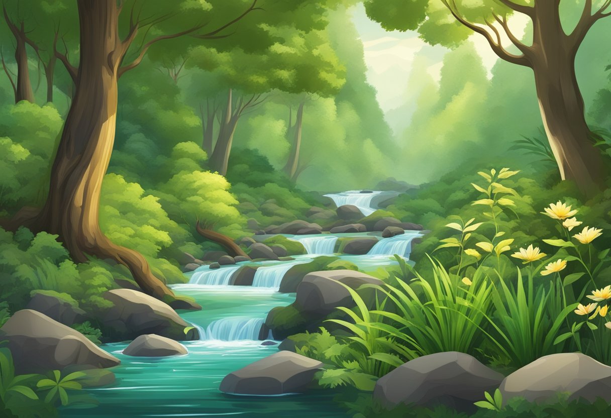 A serene forest with lush green trees, a flowing stream, and various wildlife coexisting harmoniously