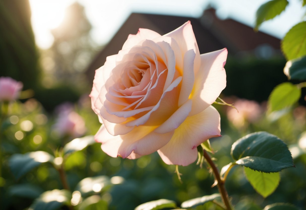 A rose blooming in a garden, bathed in soft sunlight, with delicate petals unfurling like the layers of a beautiful woman's gown