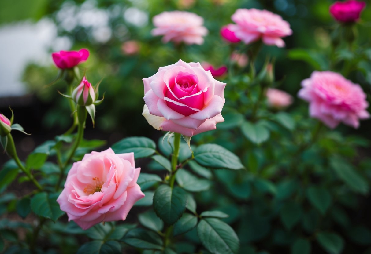 A lush garden with a single Juliet rose surrounded by other flowers. The rose stands out with its vibrant color and delicate petals, drawing attention to its rarity and beauty