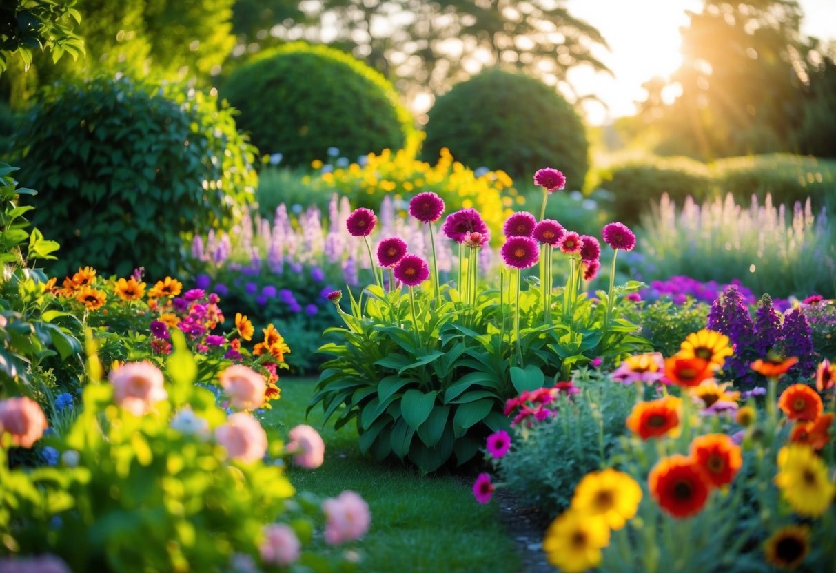 A vibrant garden with a variety of colorful flowers in full bloom, surrounded by lush greenery and bathed in golden sunlight