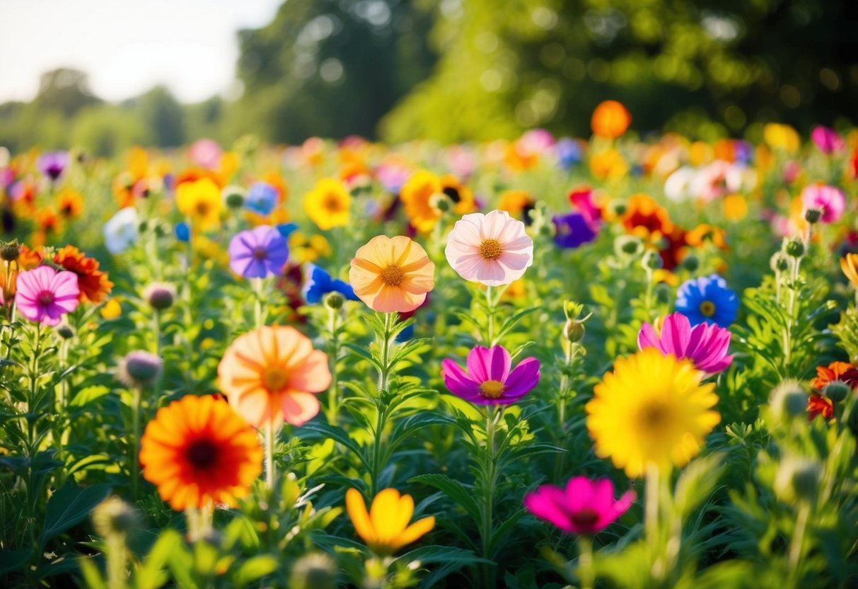 A field of vibrant, blooming flowers with a variety of colors and shapes, surrounded by lush greenery and bathed in warm sunlight