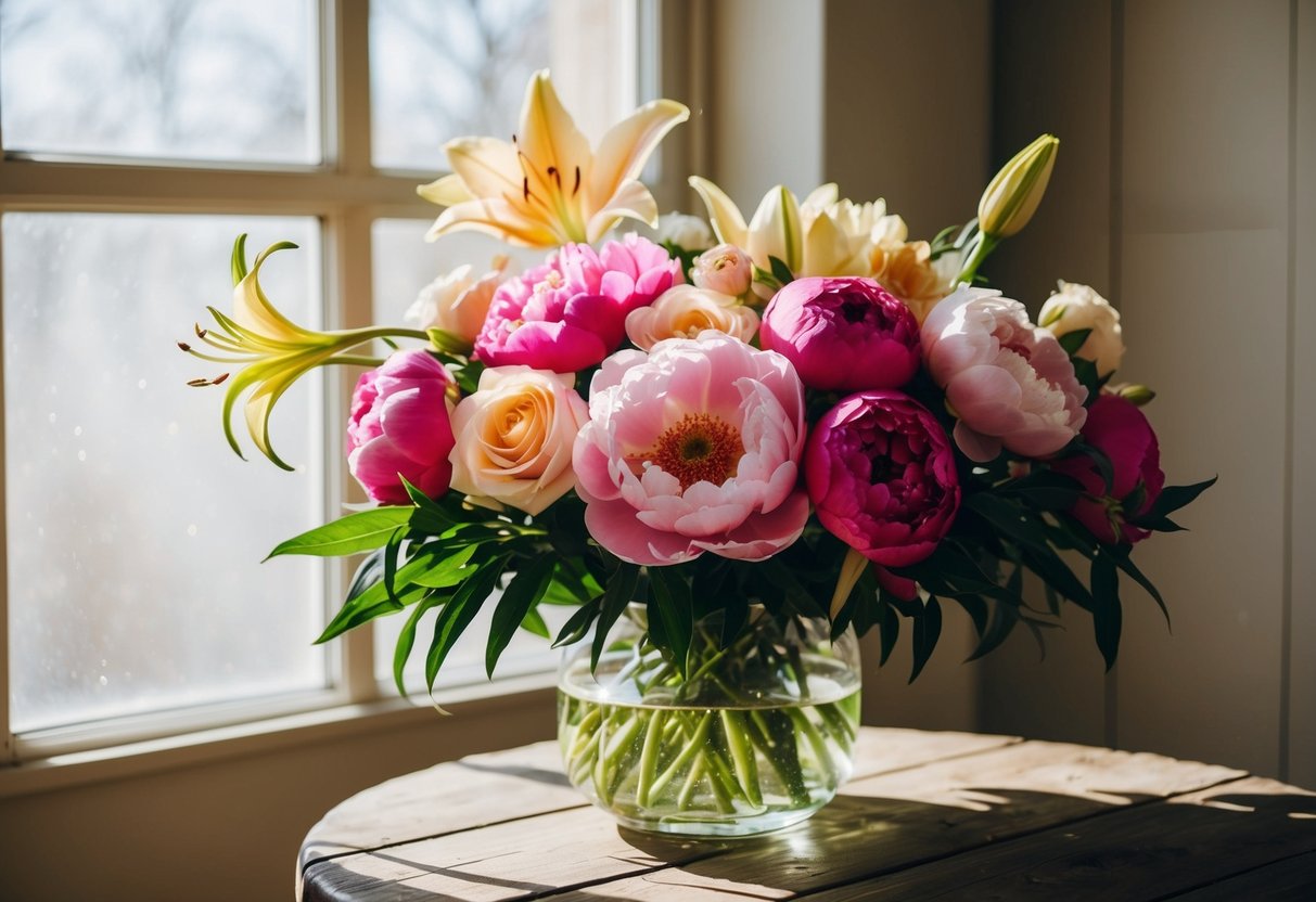 A vibrant bouquet of peonies, roses, and lilies sits on a rustic wooden table, with soft sunlight streaming through a nearby window, casting a warm glow on the delicate petals