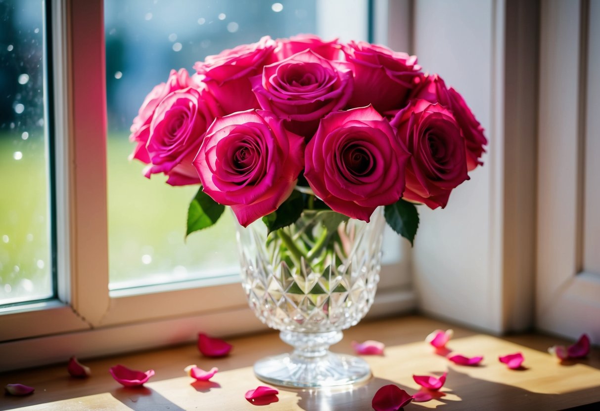A bouquet of Juliet roses in a crystal vase on a sunlit windowsill, surrounded by scattered fallen petals